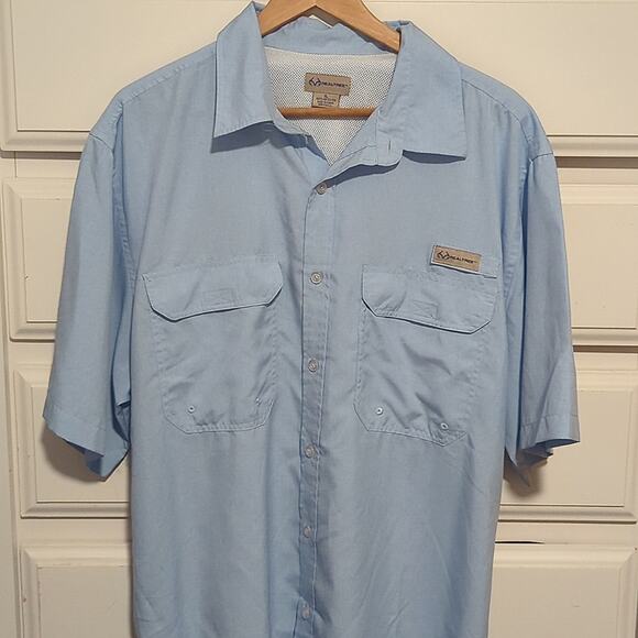 Realtree Button Down Short Sleeve Men's Light Blue Camp Fishing Shirt 50+SPF XL - Picture 1 of 10